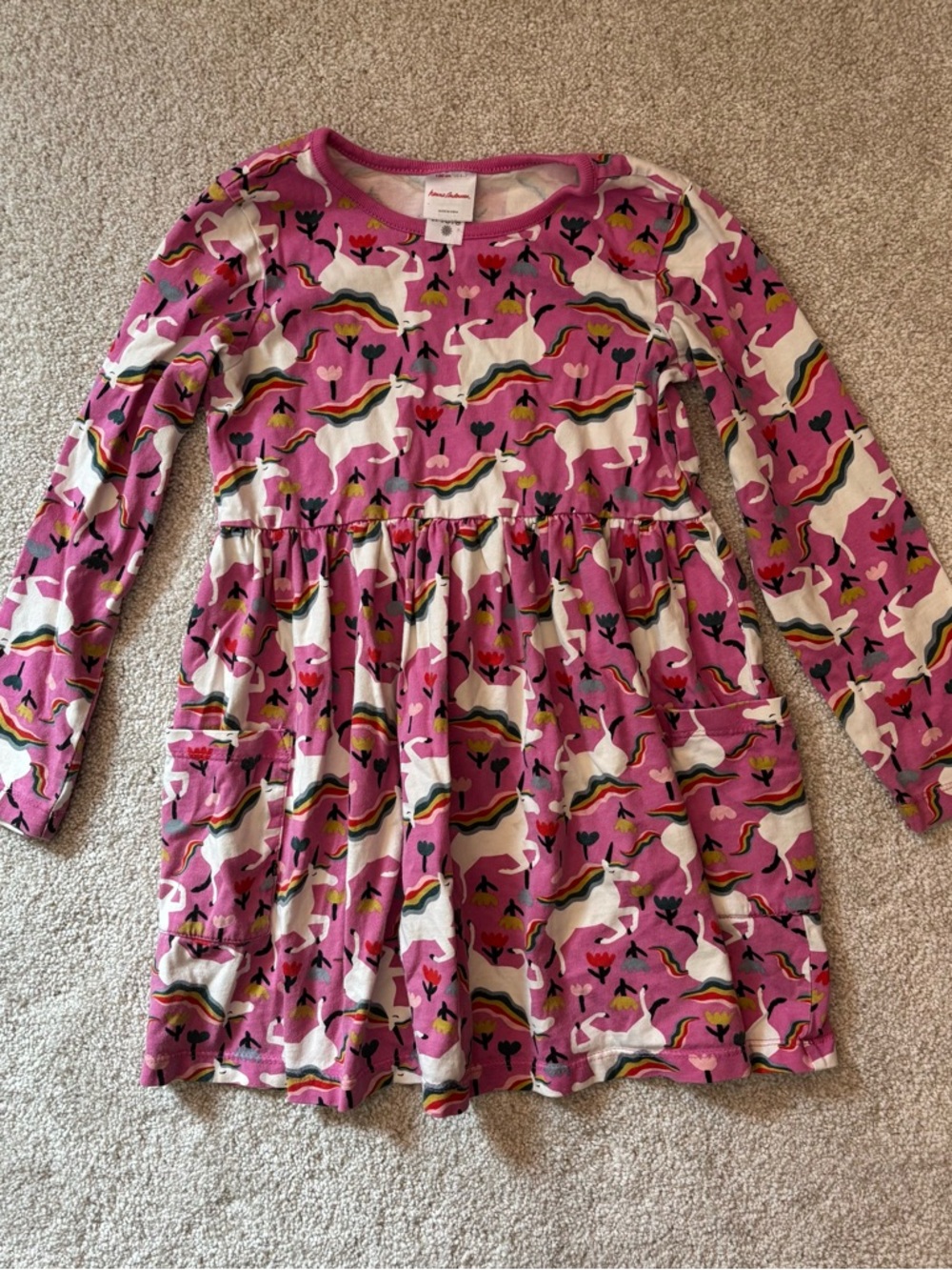 Hanna Andersson Pink Unicorn Rainbow Print Long-Sleeve Dress Size 6-7